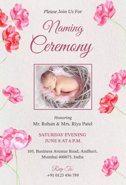 Graceful Floral Themed Naming Ceremony Invitation Template