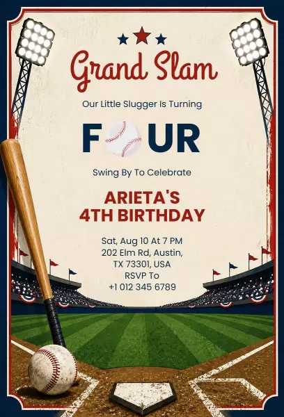 Grand Slam Baseball Birthday Celebration Invitation Template