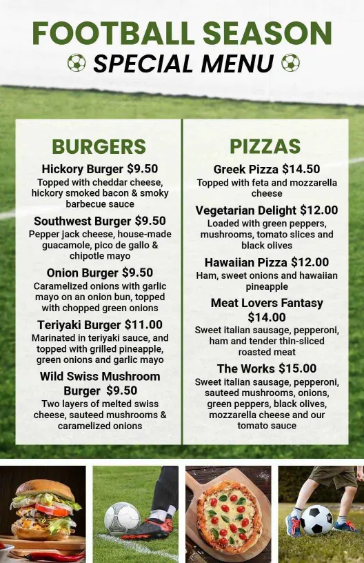 Grass-Themed Football Season Special Event Menu Template