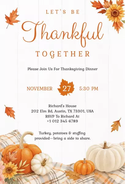 Grateful Gathering Autumn Thanksgiving Dinner Invitation Template