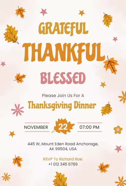 Grateful Thankful Blessed Autumn Thanksgiving Dinner Invitation Template