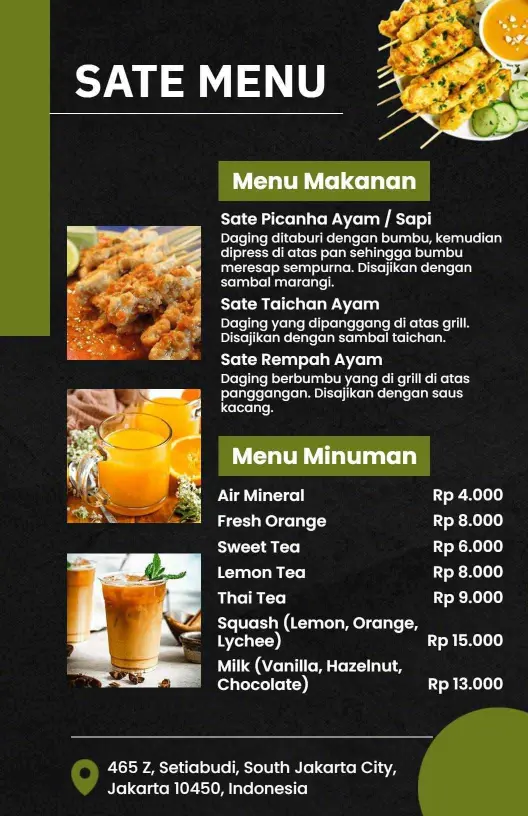 Green and Black Modern Restaurant Sate Menu Template