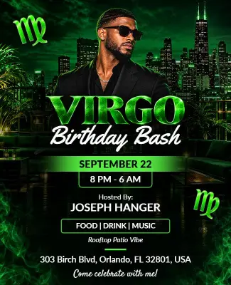 Green and Black Virgo Birthday Party Flyer Template