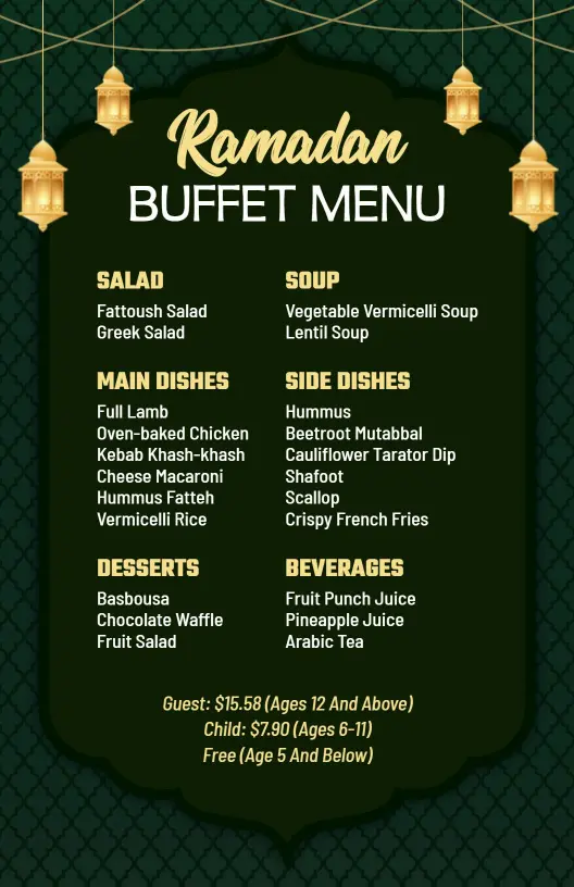 Green and Gold Ramadan Buffet Celebration Menu Template