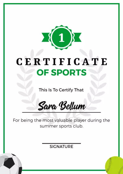 Green and White Sports Achievement Certificate Template