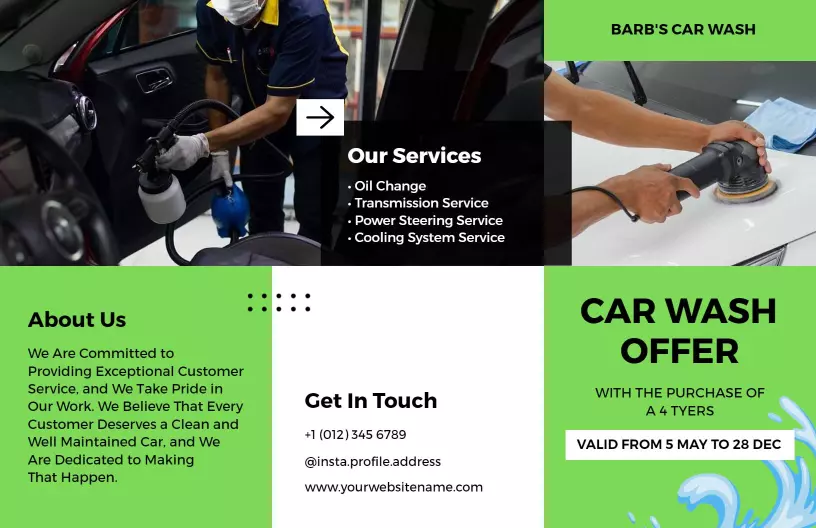 Green Car Wash Service Promotions and Customer Care Brochure Template