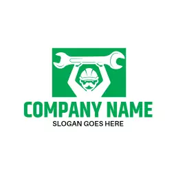 Green Construction Worker Holding a Wrench and Helmet Logo Template