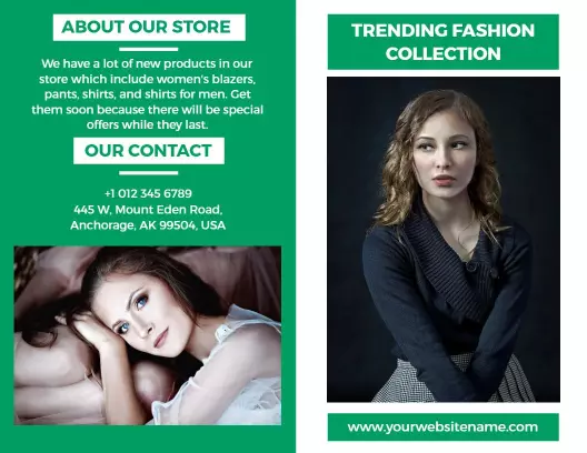 Green Fashion Store Overview and Trending Collection Brochure Template