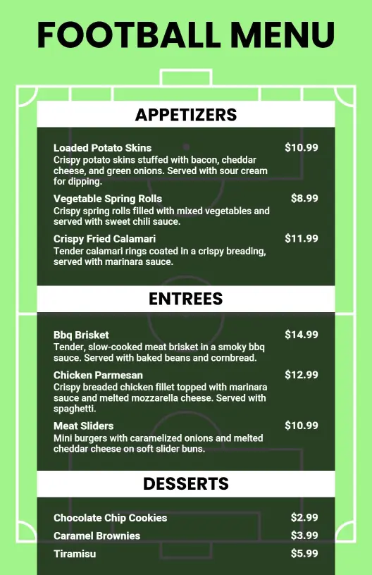 Green Football Theme Casual Dining Menu Template