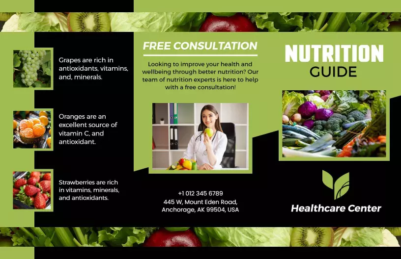 Green Healthy Nutrition Guide and Wellness Tips Brochure Template