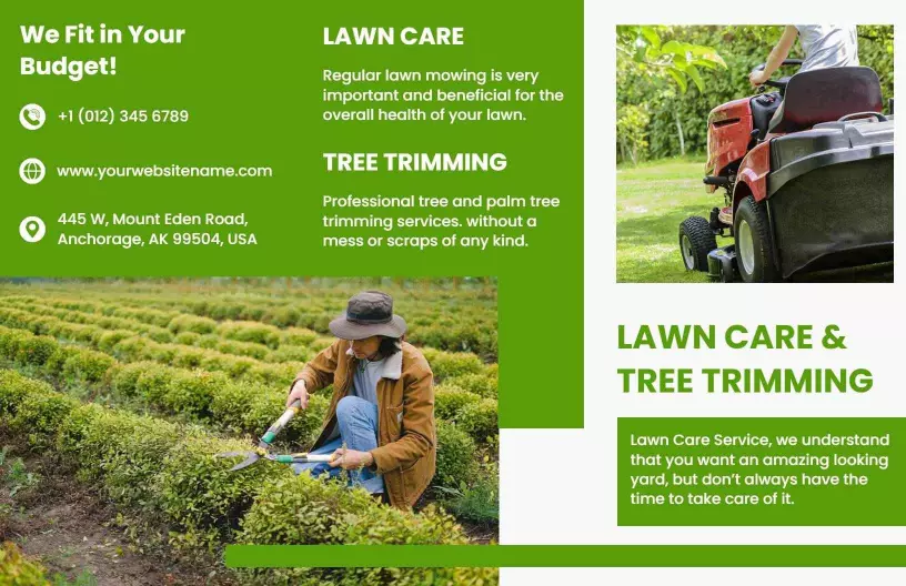 Green Lawn Care and Tree Trimming Services Brochure Template