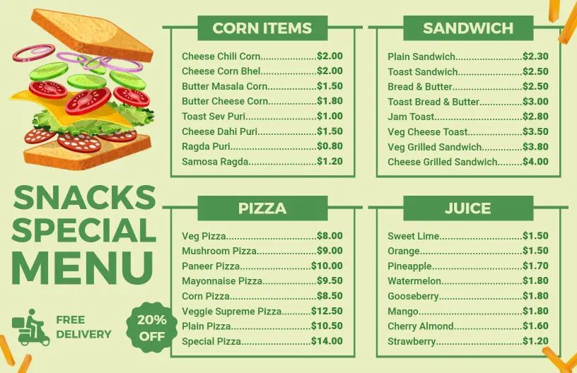 Green Minimalist Snacks and Beverages Specials Menu Template