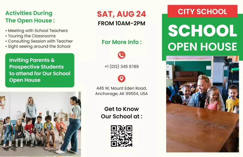 Green School Open House Invitation for Parents and Students Brochure Template