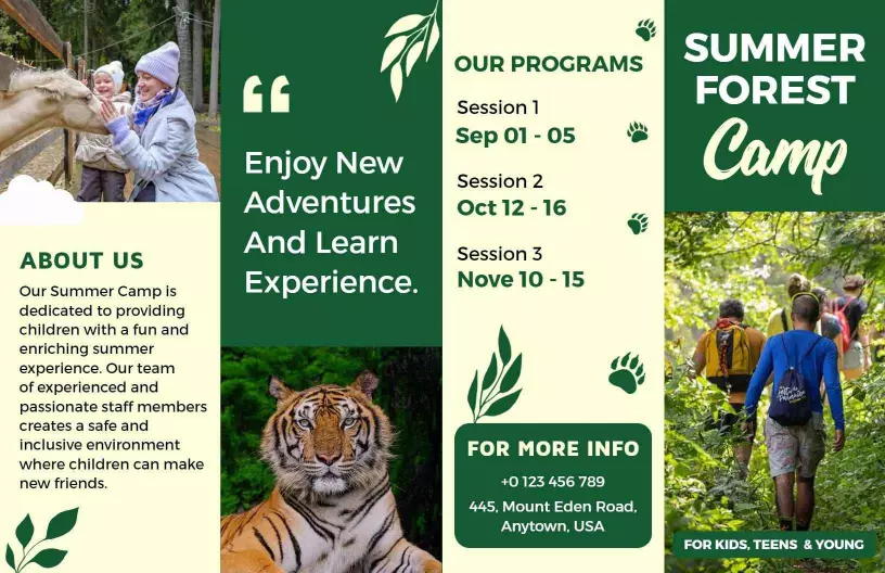 Green Summer Forest Camp Adventure Programs Brochure Template