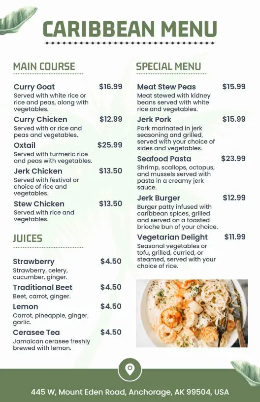 Green Themed Caribbean Main Course and Juices Menu Template