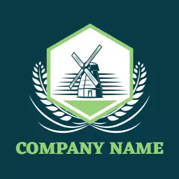 Green Windmill Surrounded by Wheat Represents Rice Agriculture Logo Template