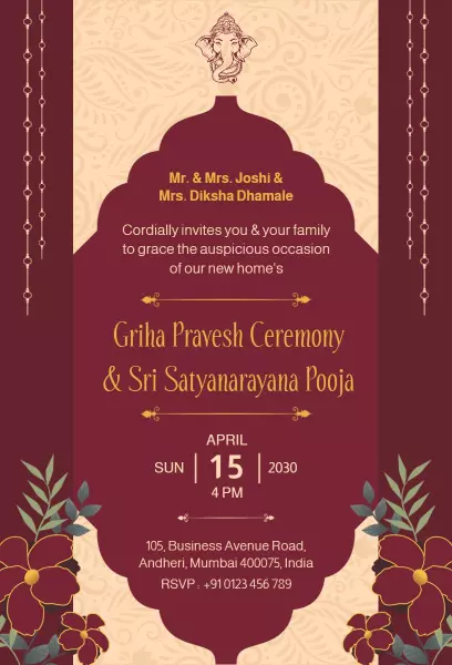 Griha Pravesh Ceremony Sri Satyanarayana Pooja Invitation Template