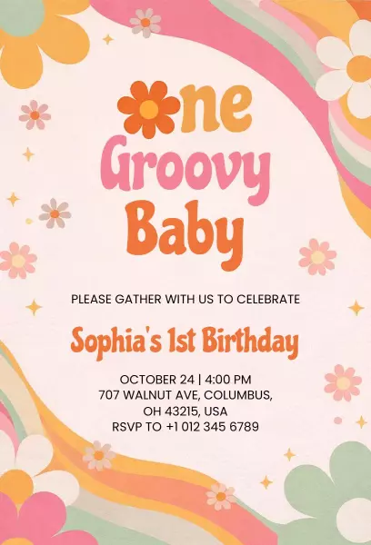Groovy Floral 1st Birthday Celebration Invitation Template