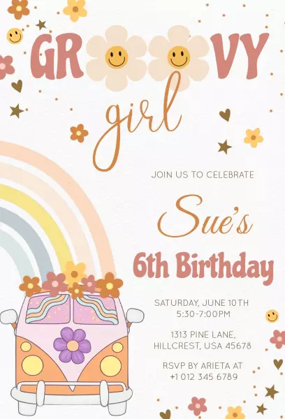 Groovy Floral Retro 6th Birthday Celebration Invitation Template