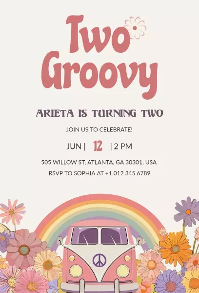 Groovy Flower Power 2nd Birthday Celebration Invitation Template