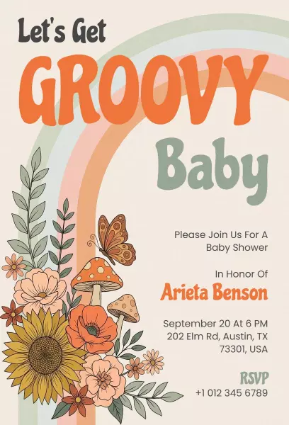 Groovy Retro Floral Baby Shower Celebration Invitation Template