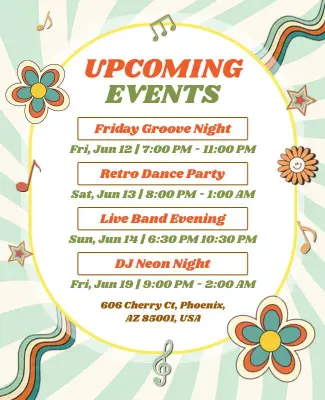 Groovy Upcoming Music Event Night Details Poster Template