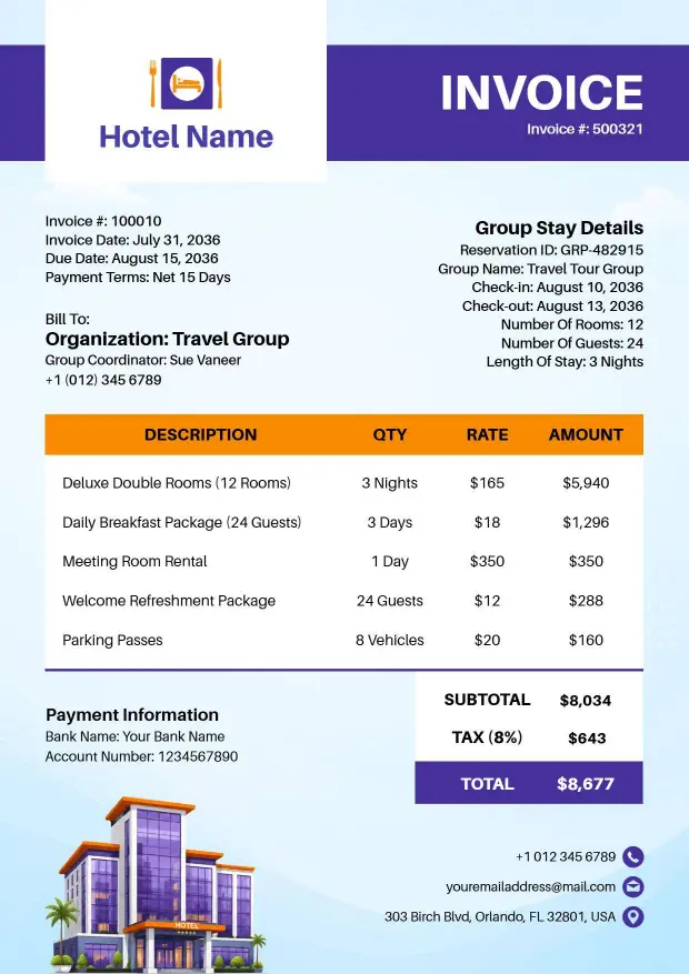 Group Hotel Stay Billing with Service Charges Invoice Template