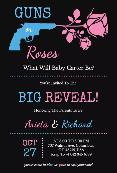 Guns or Roses Gender Reveal Party Celebration Invitation Template