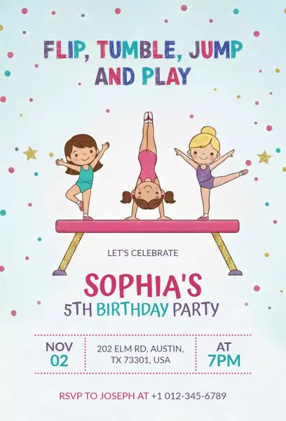 Gymnastics Fun Flip Tumble Jump Birthday Celebration Invitation Template
