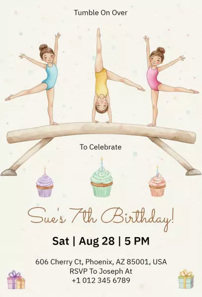 Gymnastics Theme Fun Birthday Celebration Invitation Template