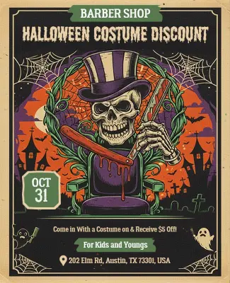 Halloween Barber Shop Costume Discount Flyer Template