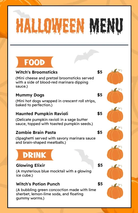 Halloween Pumpkin-Themed Black and Orange Menu Template