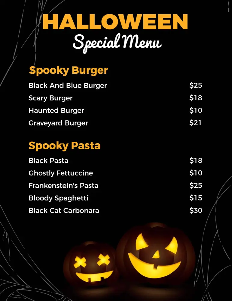 Halloween Specials Featuring Scary Burgers and Pasta Menu Template