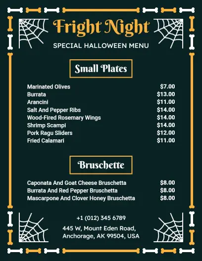 Halloween Styled Dark Themed Festive Dinner Menu Template