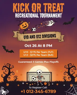 Halloween Themed Kick or Treat Soccer Tournament Flyer Template