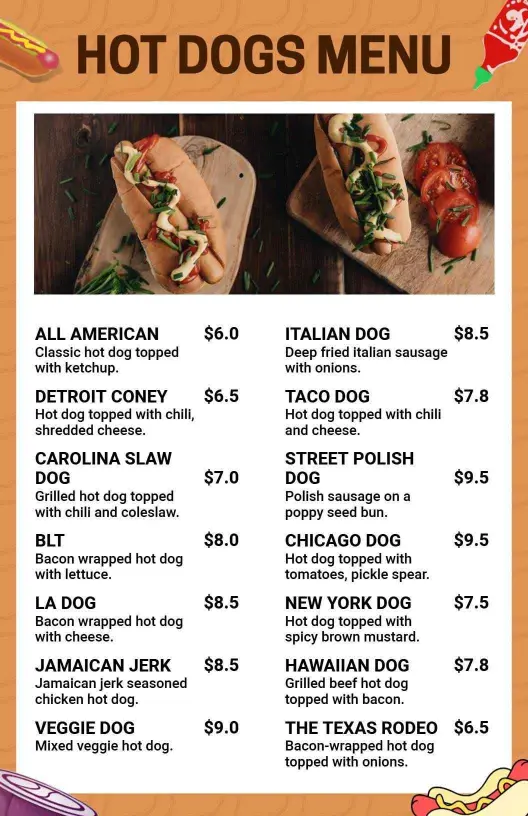 Hand-Drawn Artisanal Hot Dog Variety Menu Template