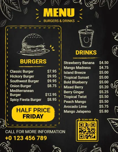 Hand-Drawn Leafy Blackboard Burger Menu Template