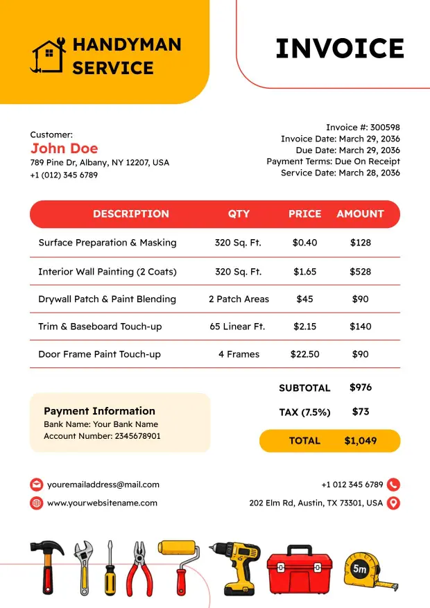 Handyman Service Billing with Pricing Invoice Template