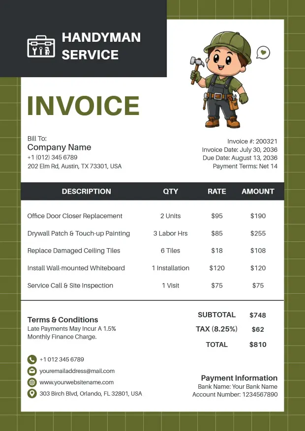 Handyman Service Job Billing with Tasks Invoice Template