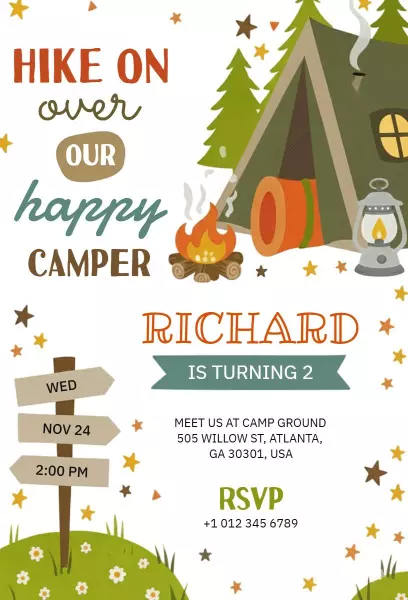 Happy Camper Outdoor Adventure Birthday Invitation Template