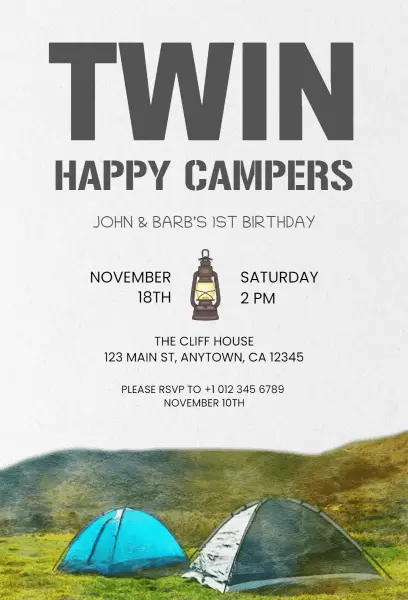 Happy Campers Twin Birthday Celebration Invitation Template