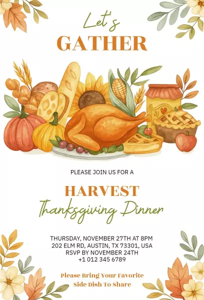 Harvest Thanksgiving Dinner Family Gathering Invitation Template