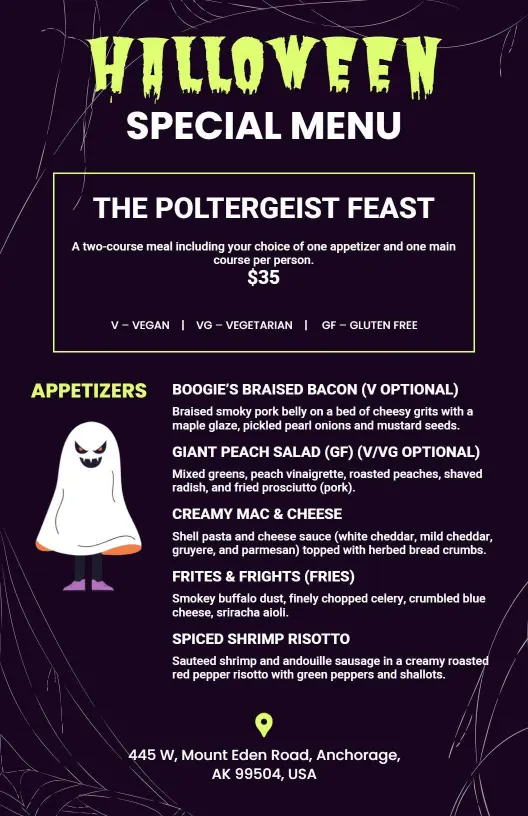 Haunted Halloween Purple Appetizer and Dinner Menu Template