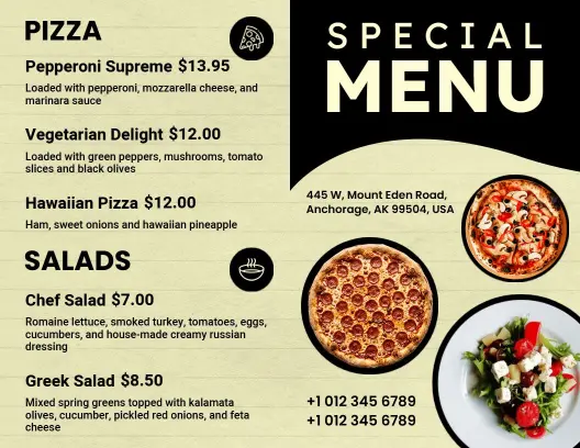 Hawaiian Pizza with Fresh Salads Special Bi-Fold Menu Template