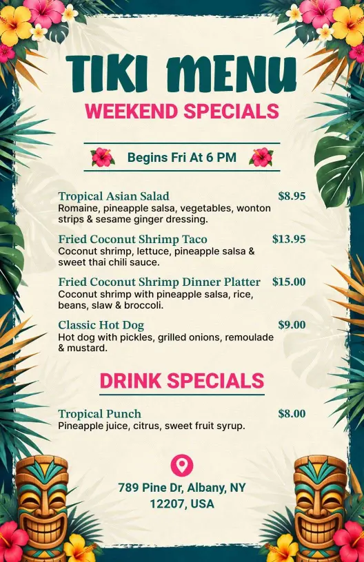 Hawaiian Tiki Vibes Colorful Weekend Specials Menu Template