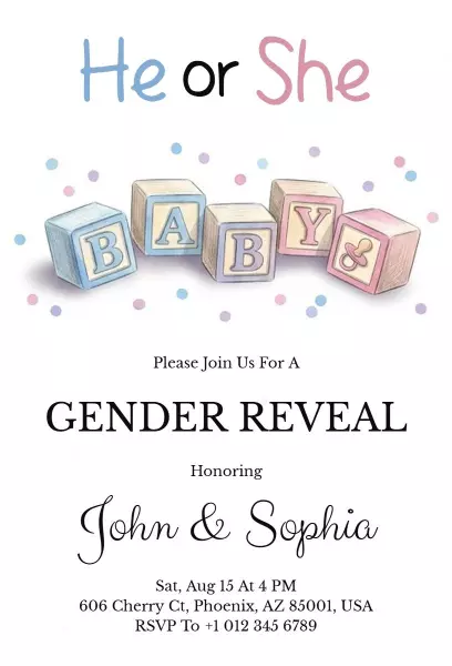 He or She Colorful Baby Gender Reveal Invitation Template
