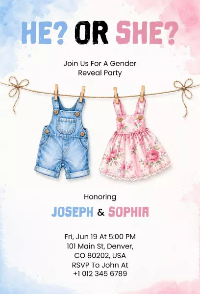 He or She Colorful Gender Reveal Celebration Invitation Template
