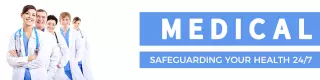 Healthcare Professionals in White Coats on Blue Medical Banner Template