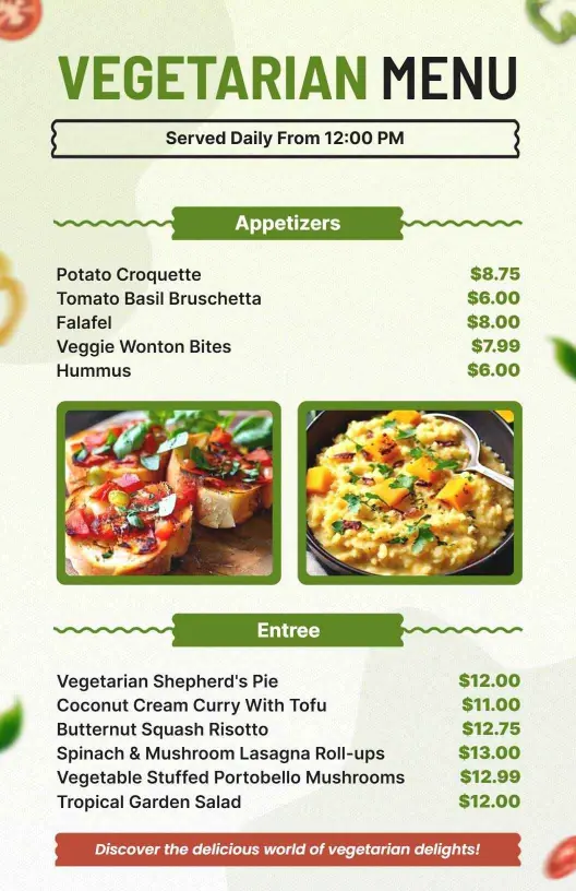 Healthy and Delicious Vegetarian Dishes Menu Template