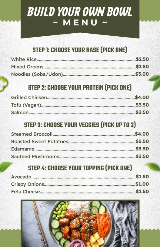 Healthy Green Build Your Own Meal Bowl Menu Template